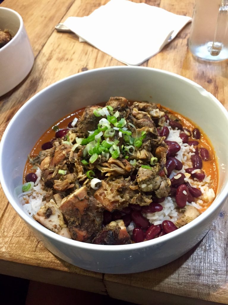 Jerk Chicken Bowl with White Rice, Red Beans, and Tomato Sauce
