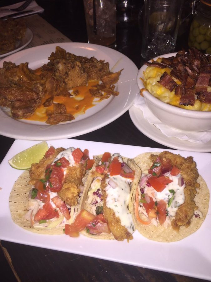 Fish tacos, Fried chicken, and mac and cheese